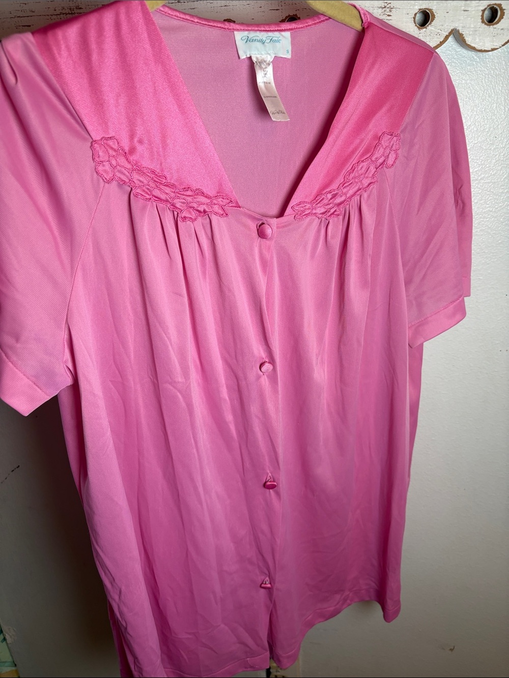 Vintage Vanity Fair Bright Pink Short Sleeve Button-Front Nightgown